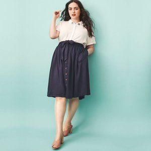 Navy Button Front A-Line Skirt